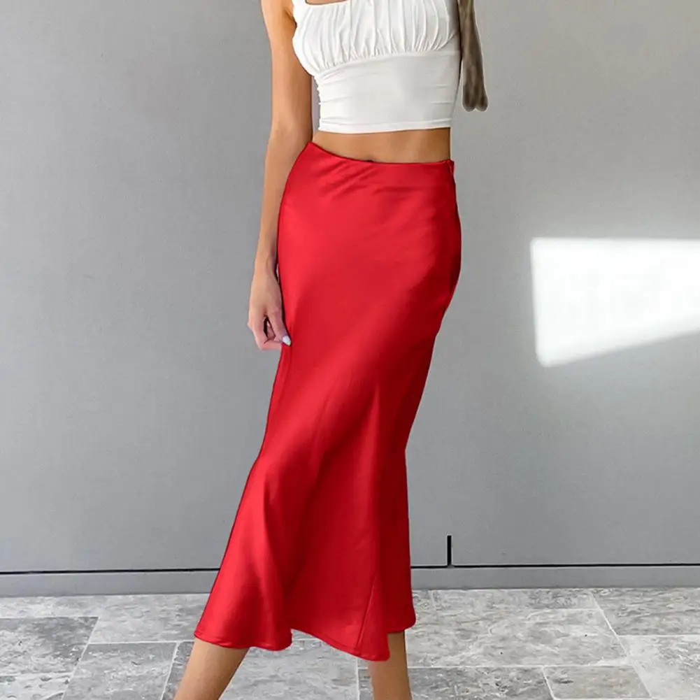 

Zippered High Waist Skirt Elegant High Waist Satin Midi Skirt for Women Solid Color A-line Dress with Zipper Closure for Parties