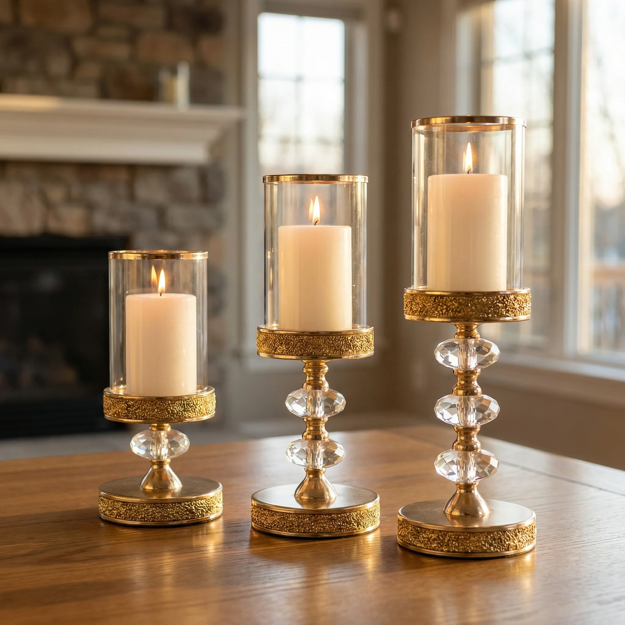 Juego de Portavelas de Cristal de Lujo, Farol de Cristal Dorado y Plateado con Pantalla de Vidrio para Decoración Romántica de Bodas, Fiestas y Hogar
