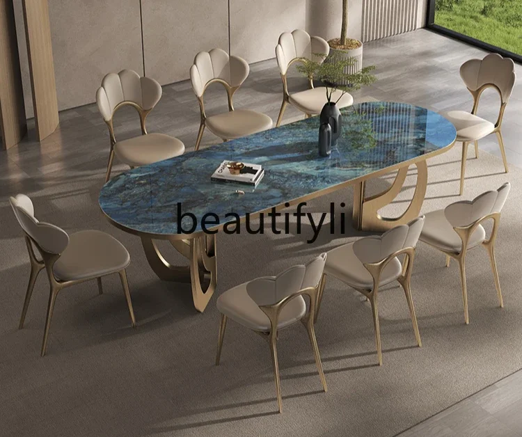 

Microcrystalline stone dining table light luxury high-end rectangular rock slab marble pattern household dining table