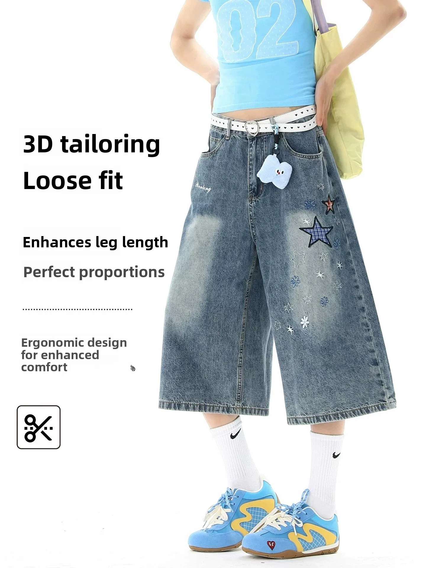 American Casual Star Print Denim Style Seven-Foot Loose Wide-Leg Pants High Waist Blue Cotton Blend Summer New Arrival for Me...