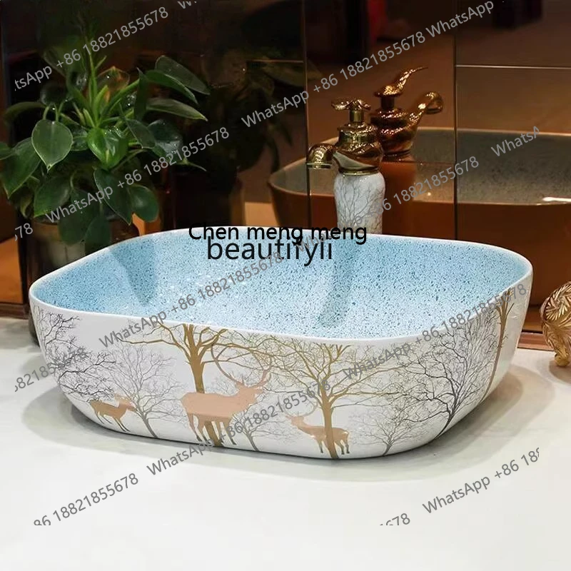 

X Vintage Countertop Basin Square Ceramic Art Basin for Home Bathroom European Style Wash Basin