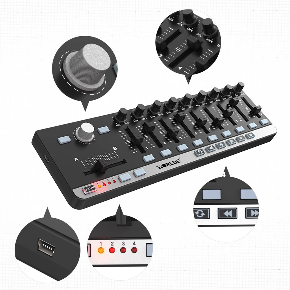 Worlde MIDI Controller EasyControl.9 Portable Mini USB 9 Slim-Line Control with 4 Programmable Memory Banks & 6 Transport Button