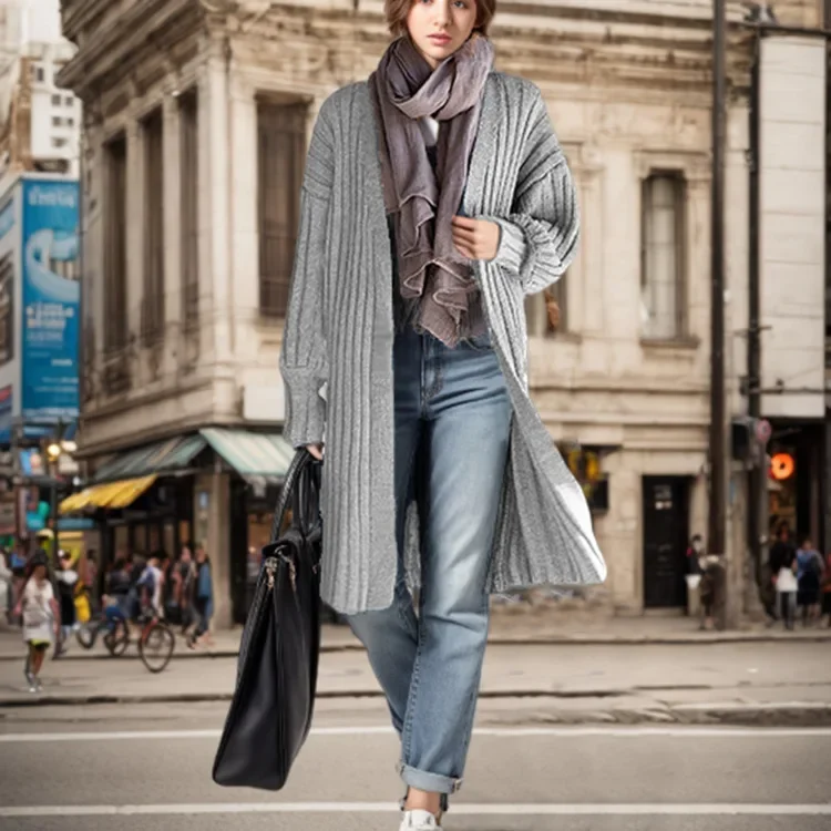 Autumn and Winter Women's V-Neck Medium Long Knitted Cardigan Lantern Sleeve Sweater for Women