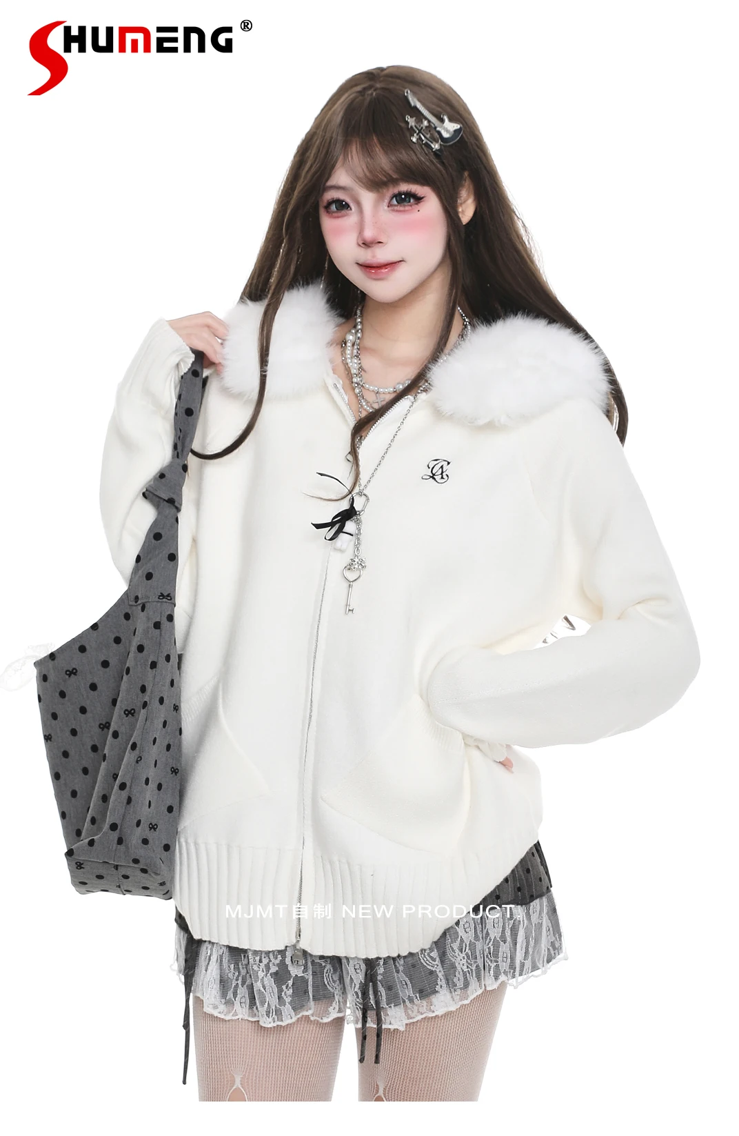 

Japanese Sweet Preppy Style Kawaii Sweater Jackets Fur Collar Hooded Loose Casual Zipper Knitted Hooded Cardigan Women Autumn
