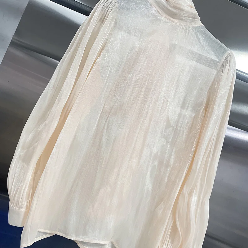 KBQ Franse stijl effen losse elegante blouse voor dames ronde hals lange mouw herfst temperament lace-up casual shirts vrouwelijk nieuw