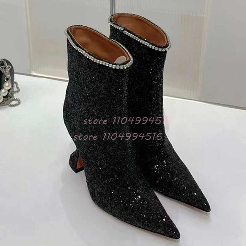 Blue Glitter Crystal Wine Glass Heel Ankle Boots Women Slip On Thin High Heel Short Boots Fashion Trendy Party Catwalk Lady Shoe