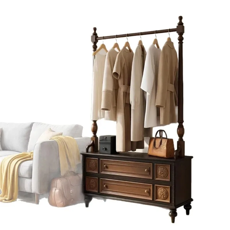 Medieval high-end solid wood coat rack, household living room storage hanger, bedroom hanger, coat rack