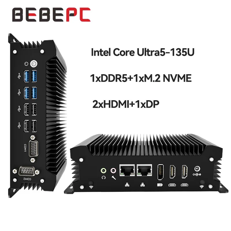 Fanless Industrial Mini PC Intel Ultra 5 135U DDR5 NVMe 2×Gigabit LAN HDMI DP WiFi SIM 4G LTE Windows 11 Linux IoT Computer