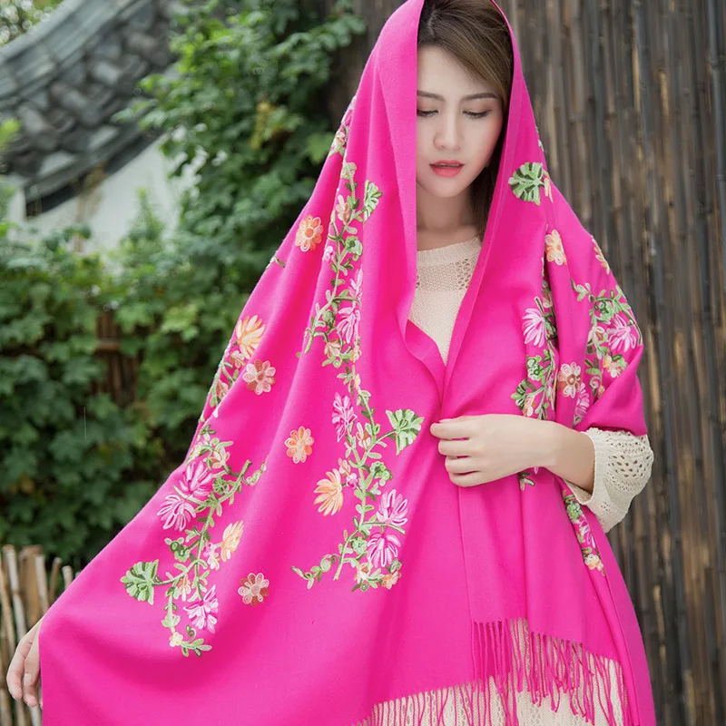 New Embroider Flower Pashmina Cashmere Scarf For Women Winter Warm Long Tassels Scarf Shawl Fashion Shawl Scarves Warps A