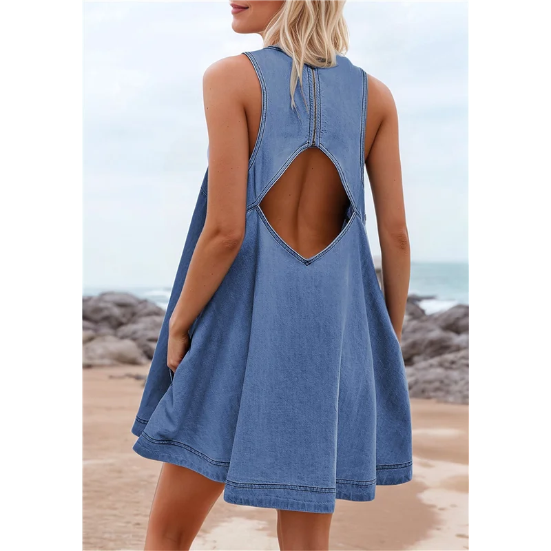 CYL-Women's Sleeveless Denim Babydoll Mini Dress Summer Casual Cutout Back A-Line Flowy Jean Dress With Pockets