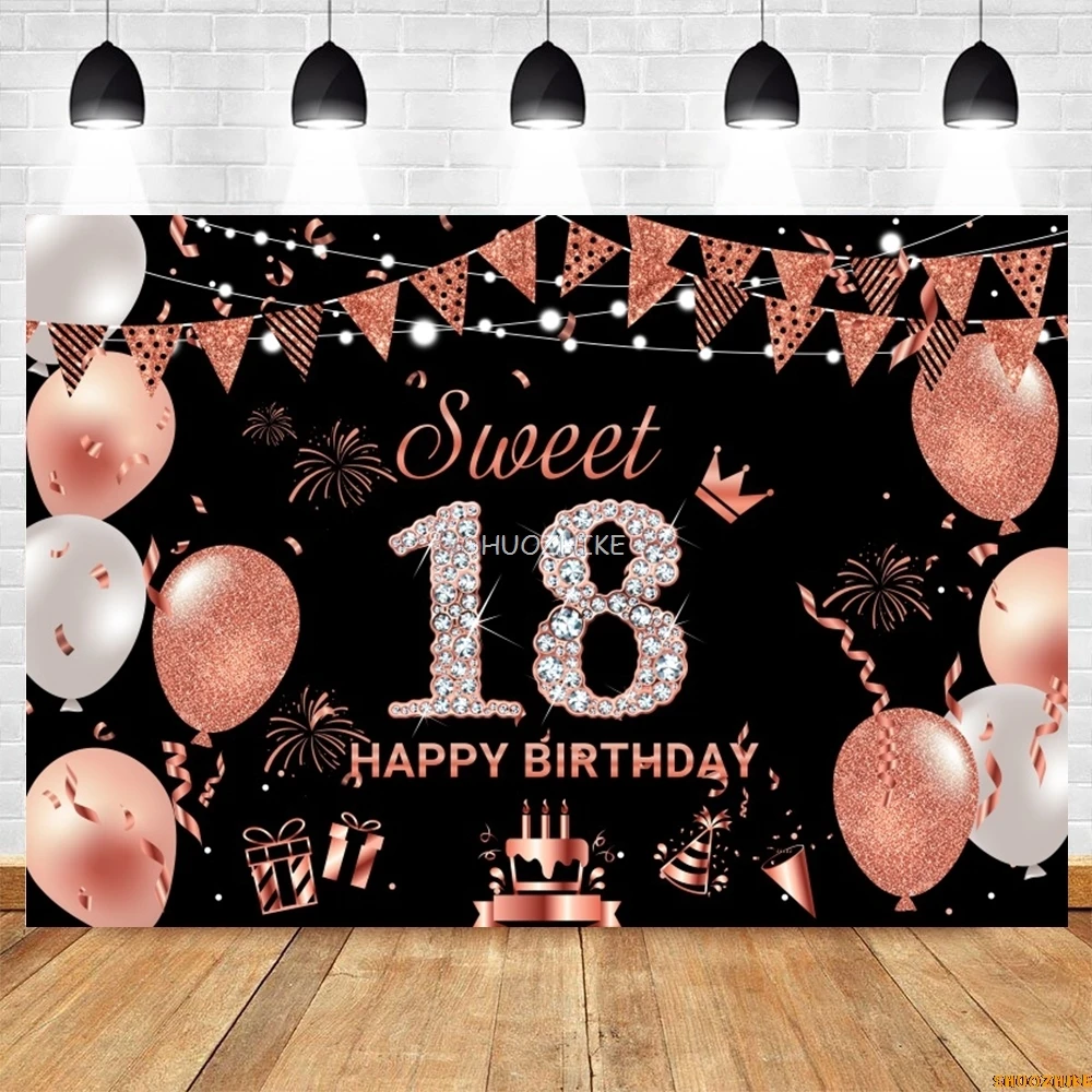 Happy 18th Birthday Backdrop Black Gold Pink Glitter Balloons 18 Years Old Party Customize Photography Background Decor Banner