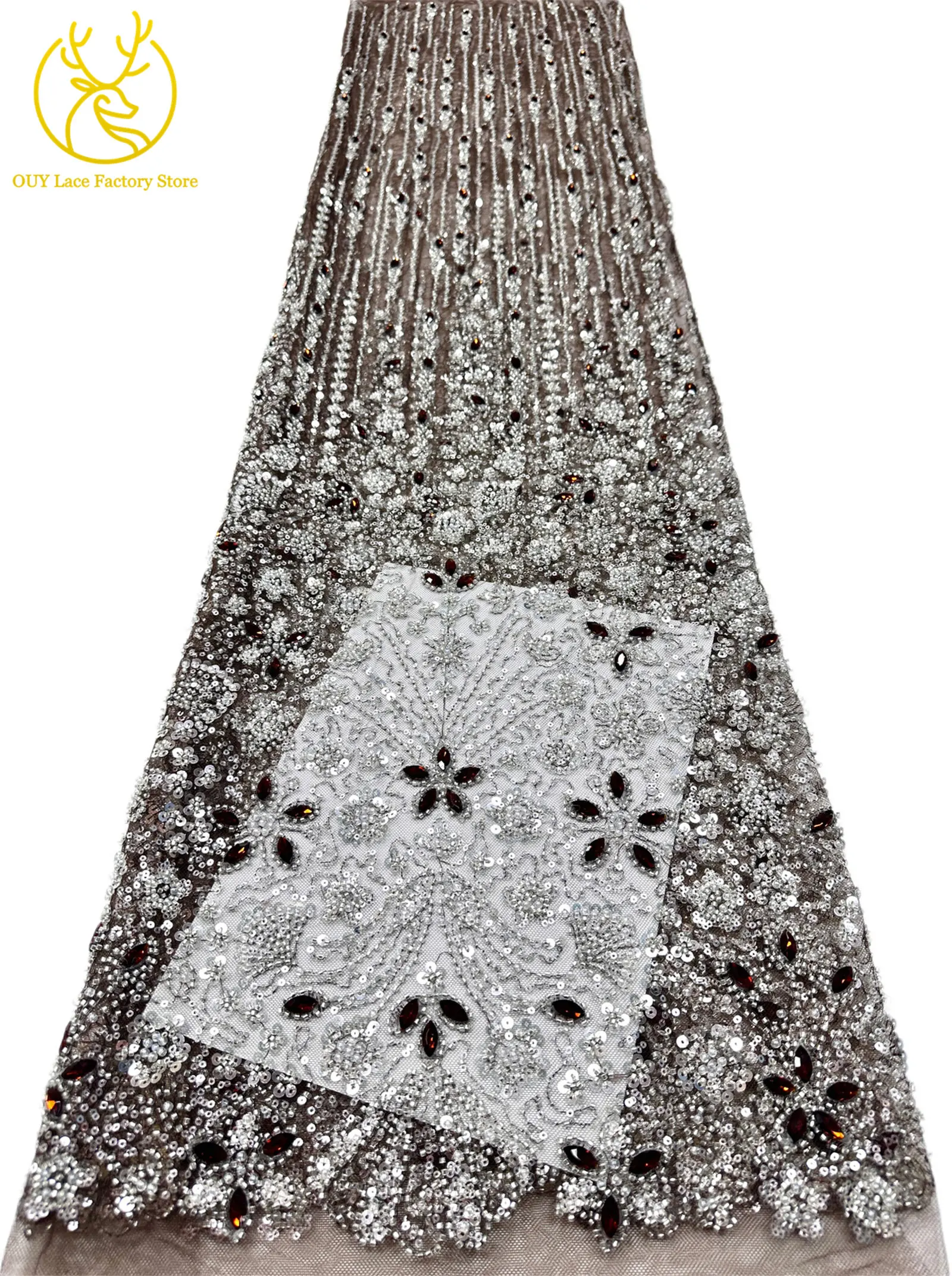 2026 Luxuriöser französischer Mesh-Spitzenstoff mit Perlen und Steinen, marineblau, afrikanischer nigerianischer Edelstein-Pailletten-Spitzenstoff zum Nähen von Hochzeitskleidern – Detail 23
