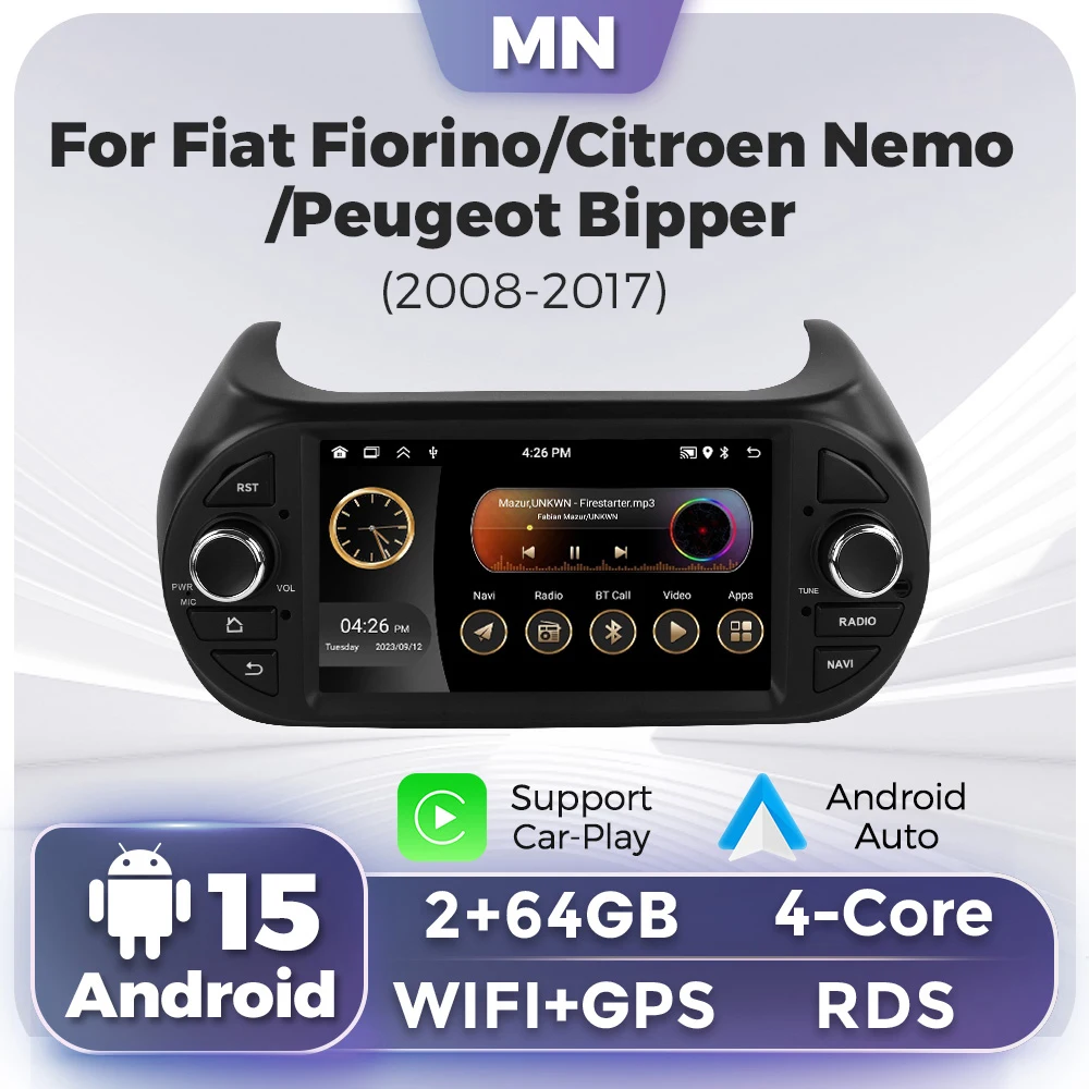 Radio de Coche con Android Auto para Fiat Fiorino Qubo 2008-2017, para Citroen Nemo 2008-2017, para Peugeot Bipper 2008-2017, Estéreo FM RDS GPS