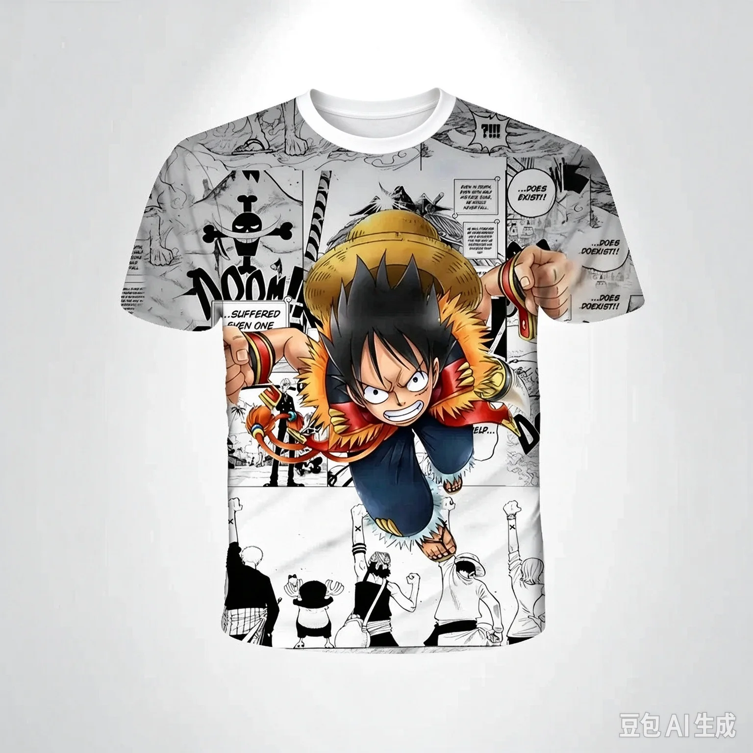 Bandai ONE PIECE Anime Short Sleeve Tee, Black White Sketch Character Graphic, Quick Dry Breathable, with Hand Drawn Texture
