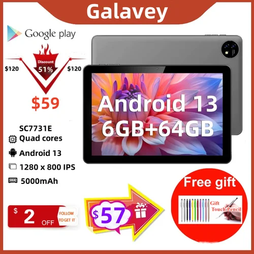 Nuevo 6GB RAM 64GB ROM tipo C 10,1 ""Android 13 Tablet 5000mAh 1280x800 IPS SC7731E CPU de cuatro núcleos Cámara Dual