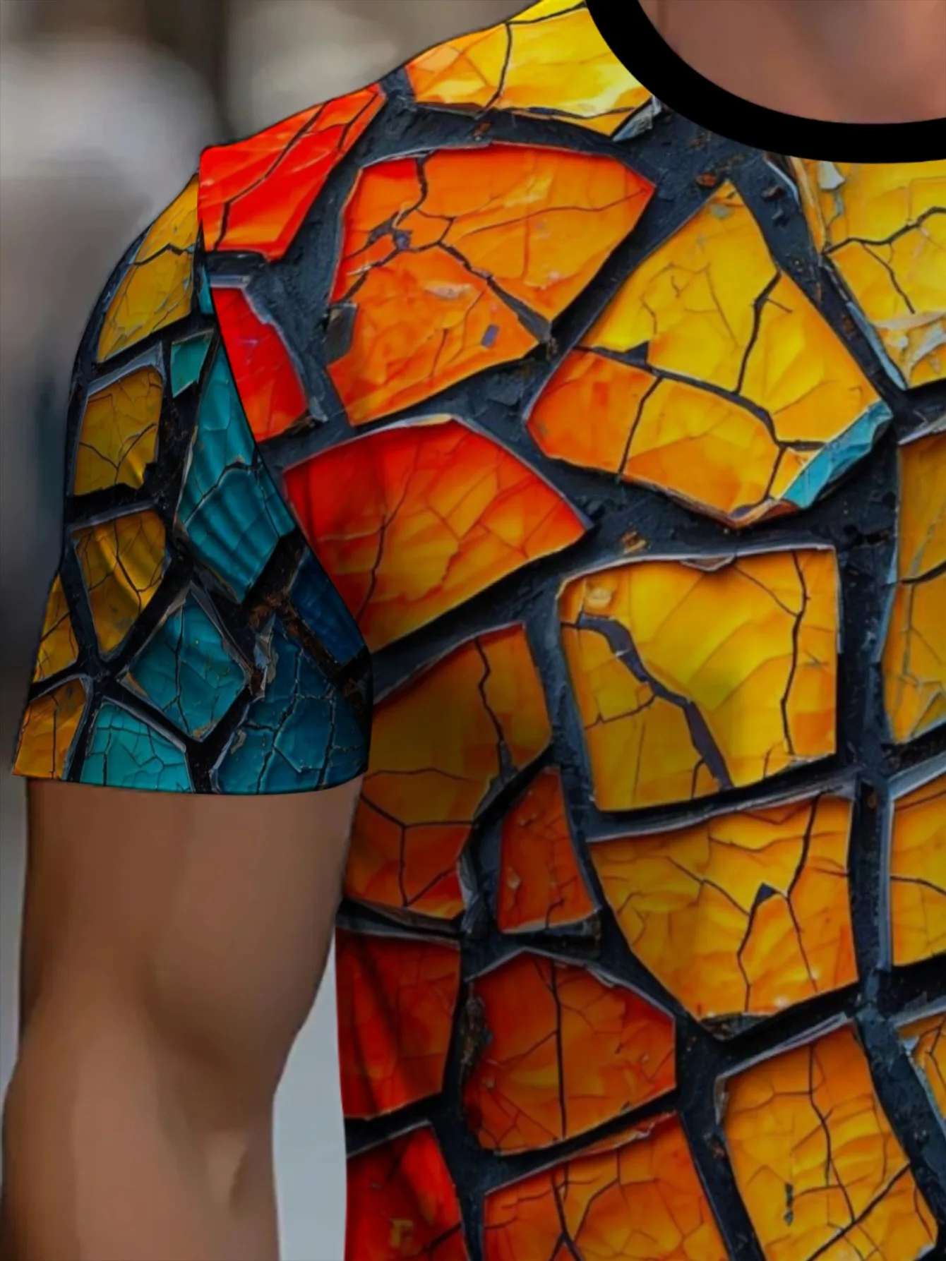 Herren-T-Shirt mit buntem Cracked-Mosaik-Print, schwarz, Rundhalsausschnitt, kurze Ärmel, Street-Casual-Oberteil – Detail 4