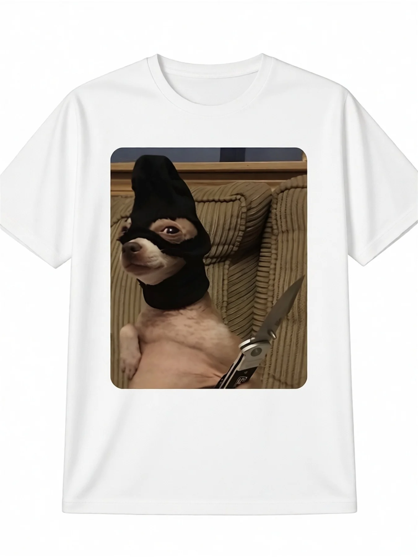Men's Fun T-shirt Showcasing A Long Haired Sheepdog Holding A Knife, Adorned with A Mexican Cape and Knife Design Casual T-shirt