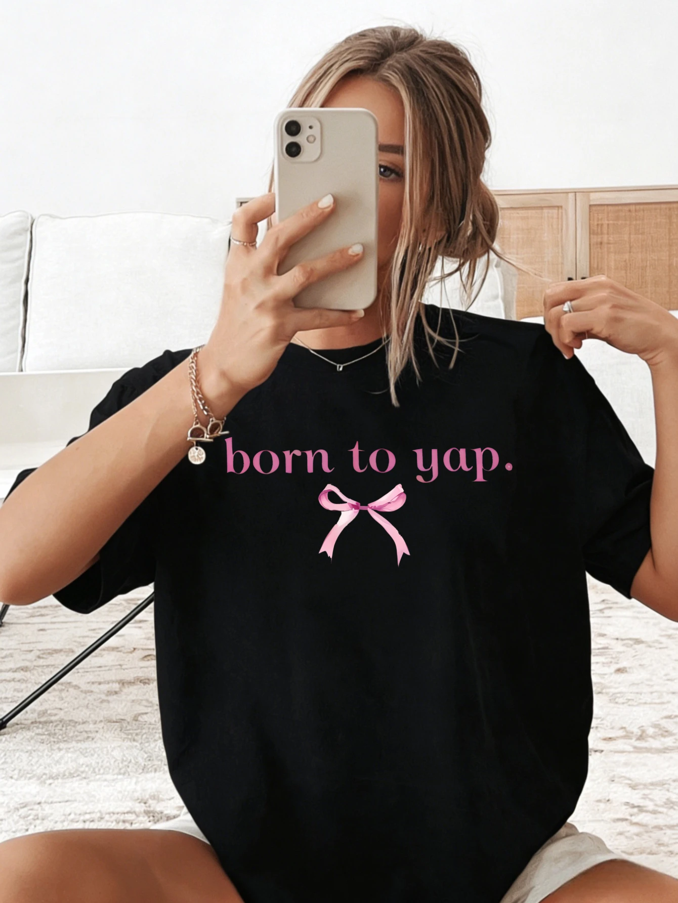 

Womens T Shirts Y2K Oversized Cotton Cute Graphic Tshirt 'Born to Yup' Bow Print Casual Summer for Her