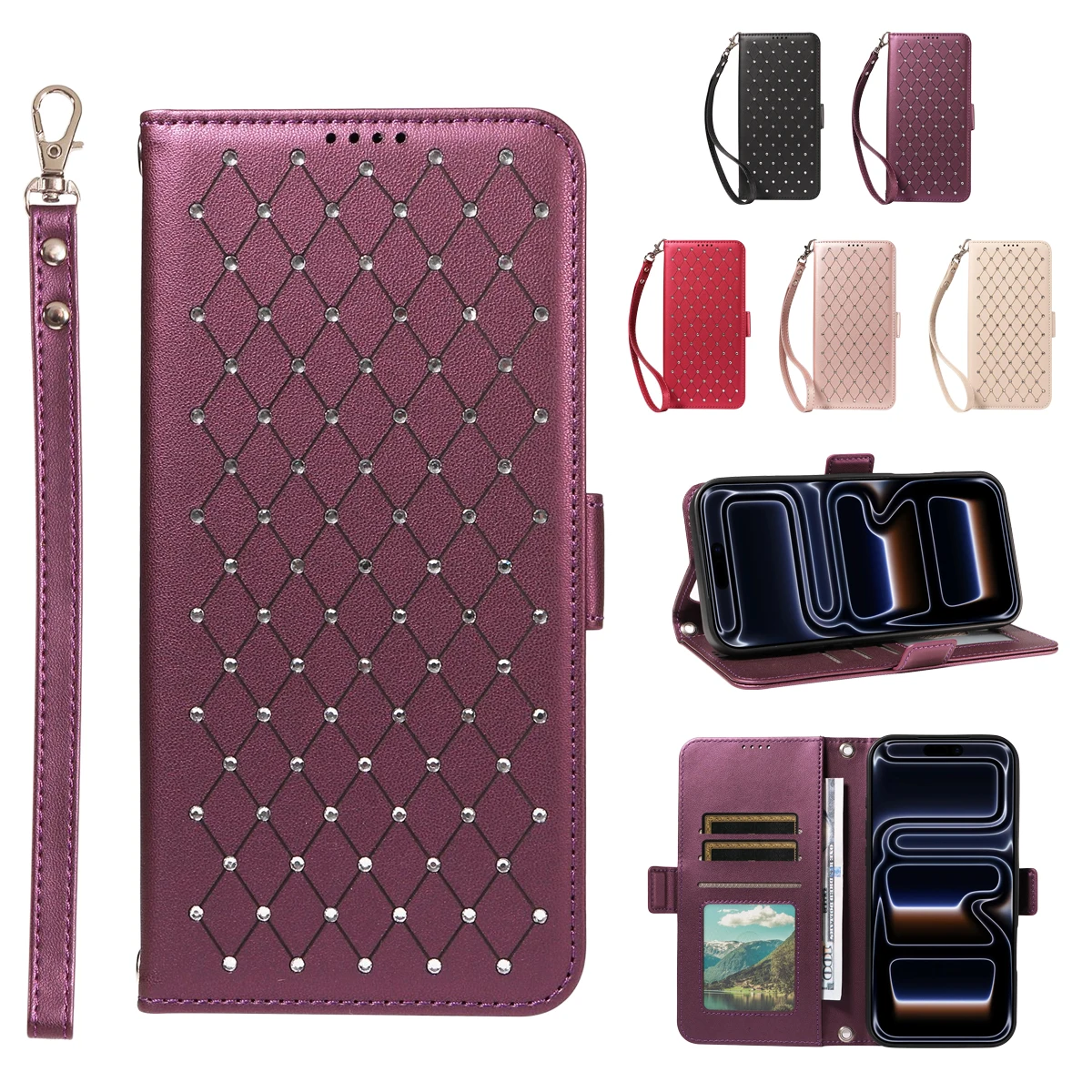 Phone Case for Samsung Galaxy A26 A16 A17 A36 A56 M56 A37 A57 Bling Leather Phone Case with Lanyard Flip Wallet Stand Cover