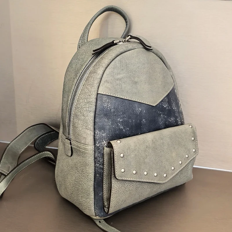 

New Fashion Genuine Leather Women's Shoulder Bag Luxury Brand Genuine Leather Women's Splicing Rivet Leisure Shoulder Bag