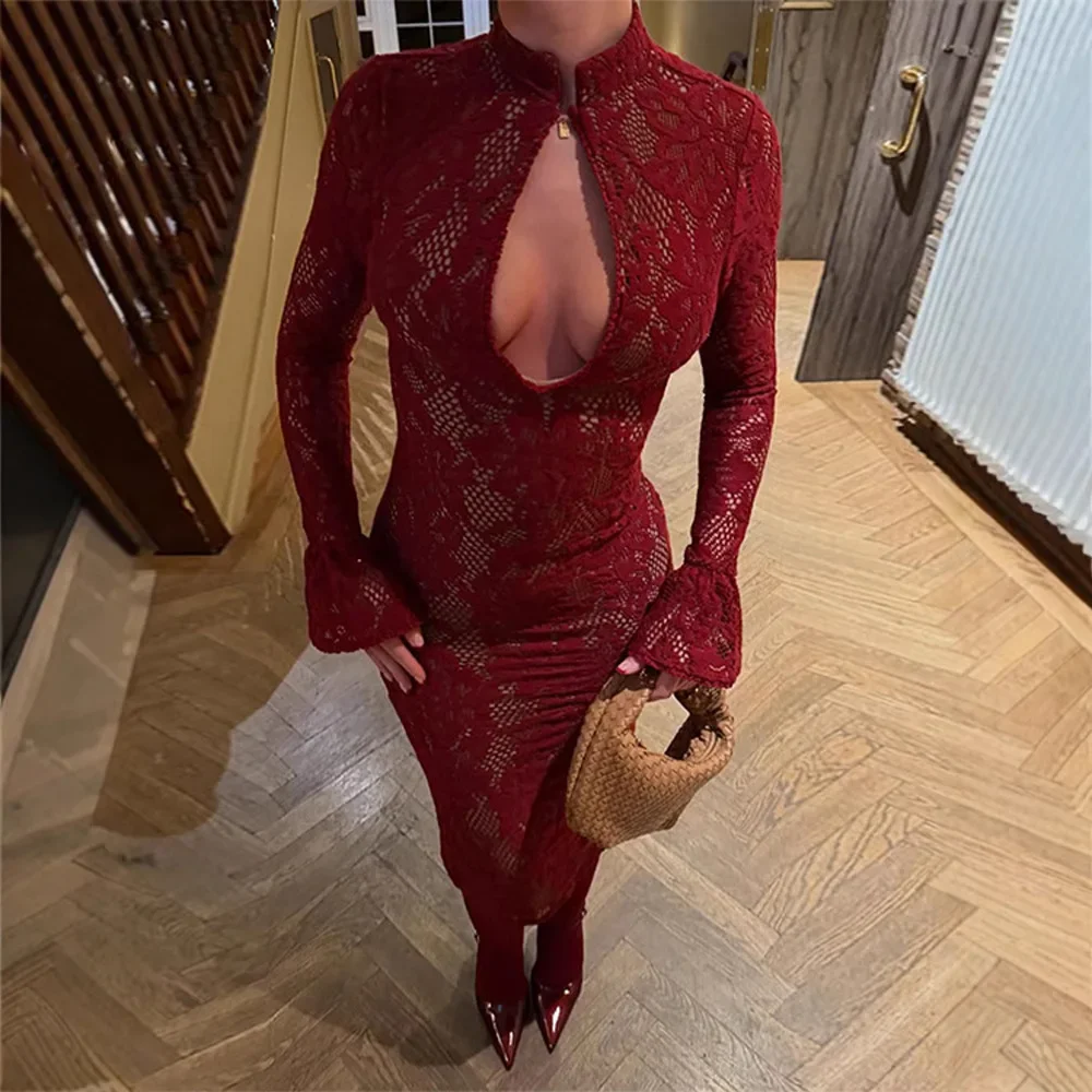 Sexy Lace Hollow out Bell Sleeve Bodycon Dress Spring New Arrival Women's Fashion Low Cut Backless Gown Dress