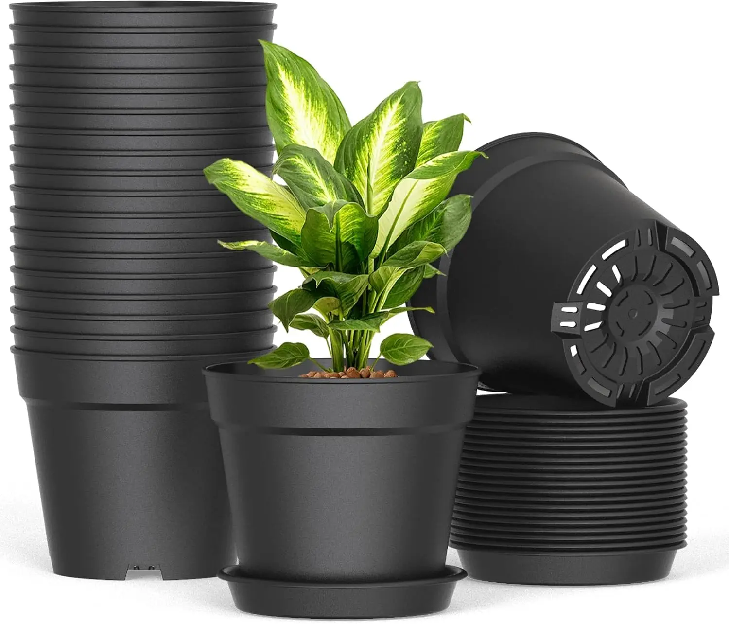 

20 Pack 6 Inch Plant Pots with Drainage and Saucers, Black Plastic Flower Pots for Indoor and Outdoor Plants, Stackable