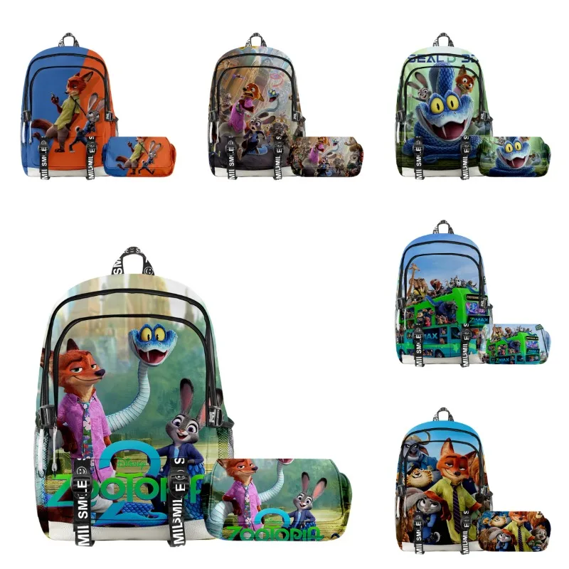 

Hot Disney Anime Zootopia 2 Backpack&Pen Case Cartoon Characters Print Large Capacity Backpack and Double-layer Pen Case