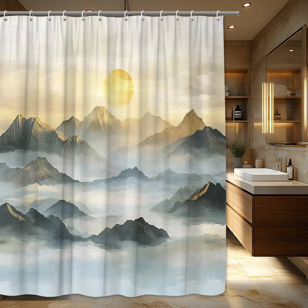 

1 шт., занавеска для душа Serene Mountain — туманный восход солнца, снежные острова и туман, полиэстер, декор для ванной комнаты