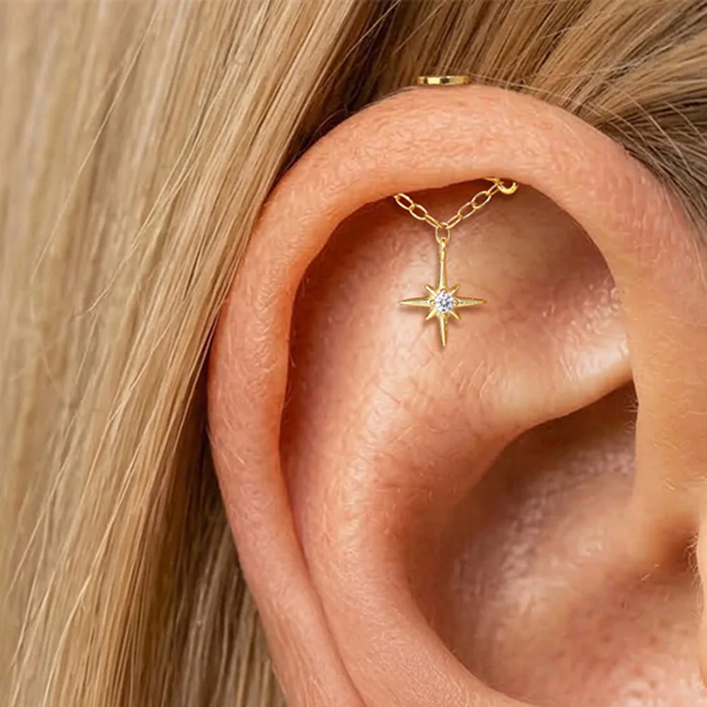 AIDE 1pc 925 Sterling Silver Octagonal Star Pendant Tassel For Women Vertical Piercing Earring 16G Cartilage Helix  Fine Jewelry