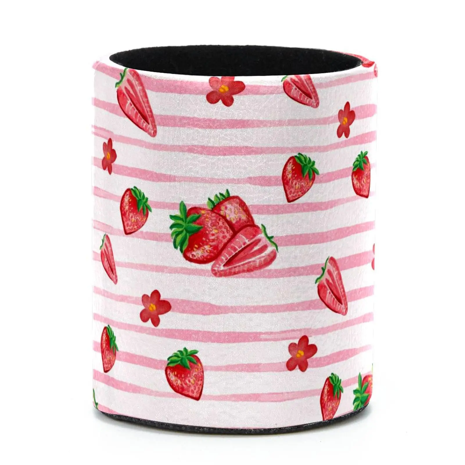 Strawberry Pencil Cup PU Leather Pen Holder Round Pen Stand Makeup Brush Organizer Storage Box for Office Classroom Home Study