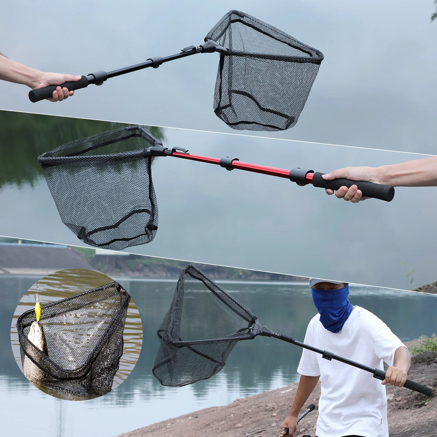 Sougayilang 95cm 112cm Collapsible Fishing Net Aluminum Alloy Handle Foldable Landing Fishing Net for Fly Fishing Carp Fihsing