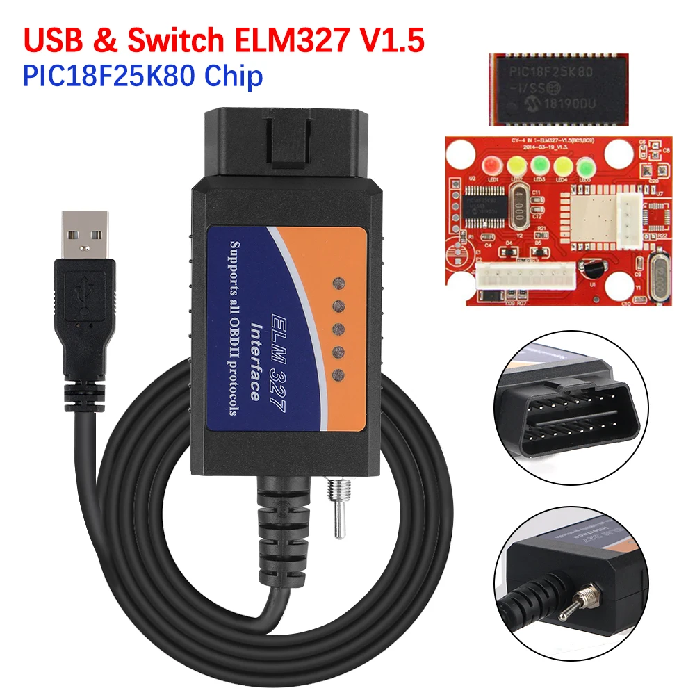 

Автомобильный Диагностический кабель для сканера Obd2, ELM327, USB v1.5, переключатель HS-CAN и MS-может поддерживать большинство протоколов OBDII, чип PIC18F25K80 для сканирования