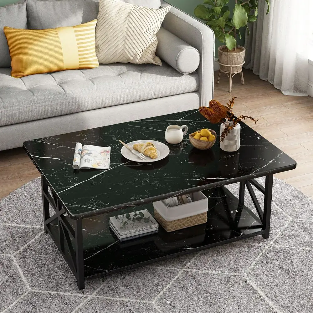 

Coffee Table, Modern Coffee Tables For Living Room, 2Tier Faux Marble Wood Coffee Table With Storage Space, Metal Vintage Tea C