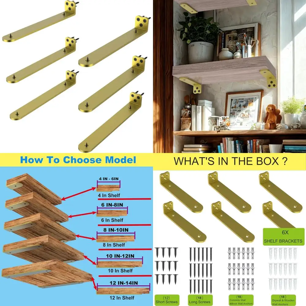 

Gold Heavy Duty 12 Inch Floating Shelf Brackets, 6-Pack, 1/5 Inch Thick, Wall Mount L Brackets for Strong Support