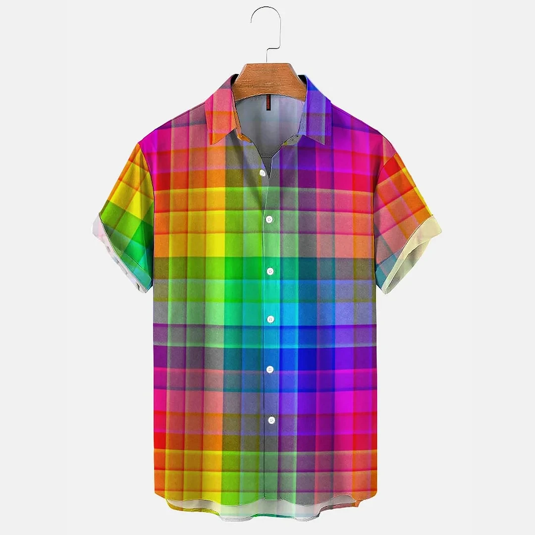 Rainbow men's shirt 3D color checkered print high-quality men's clothing loose oversized shirt fashionable casual short sleeved