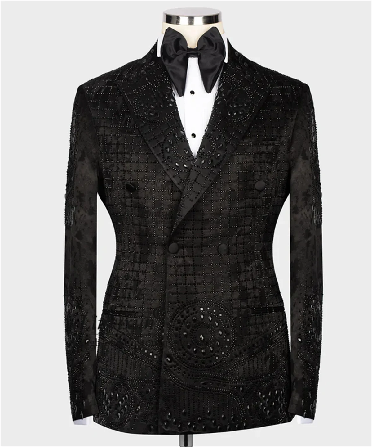 

Sparkly Jacquard Rhinestone Men Suits 2 Pieces Sets Party Groom Blazers Customized Double Breasted Wedding Tuxedos Costume Homme