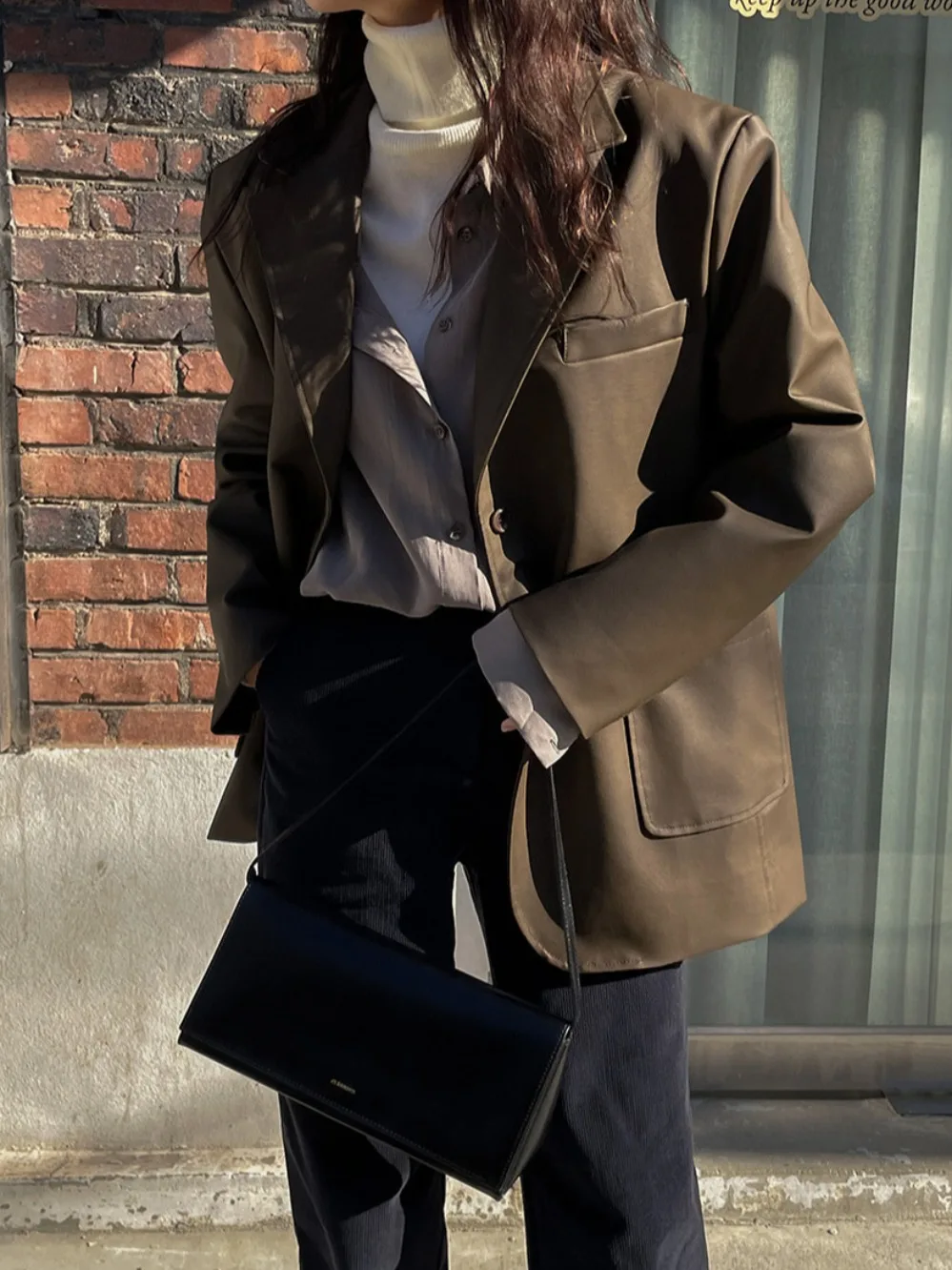 Chic Early Autumn Loose Long Sleeve PU Leather Jacket Women's Mature Style Suit Top Korean Style Fashion Outerwear