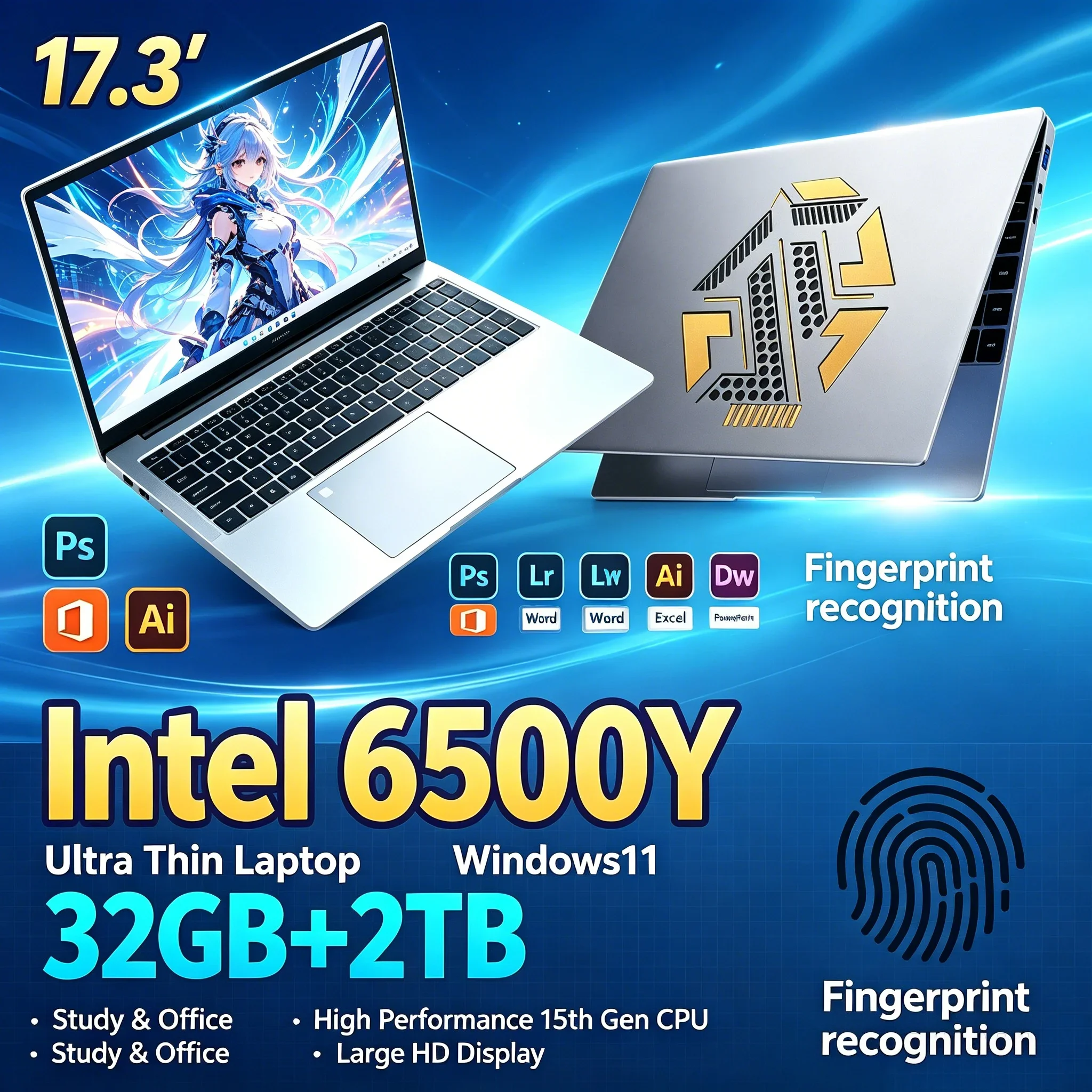 17.3'' Inch Large Screen PC Intel 6500Y 32GB RAM Optional 1TB/2TB SSD Windows11 WiFi6 BT5.2 Portable Notebook For Daily Study