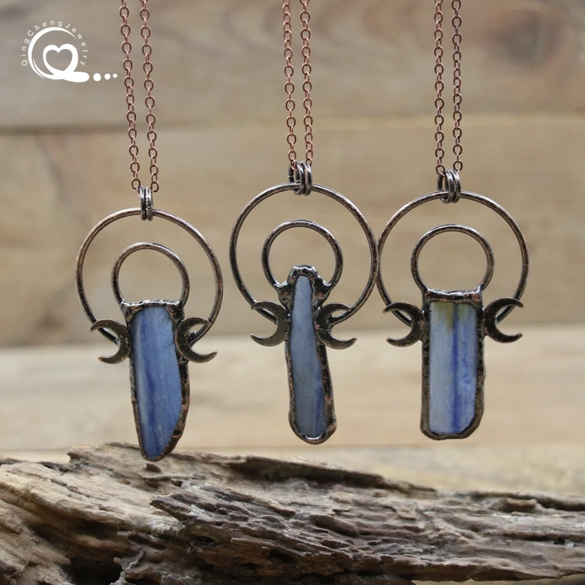 Kyanite Slice Antique Copper Pendants Necklace,Soldered Bronze Natural Blue Quartz Moon Accessories Chains Retro Jewelry,QC3376