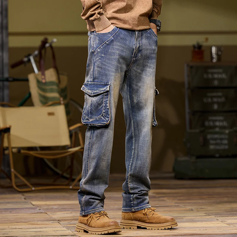 بنطال جينز رجالي متعدد الجيوب مستقيم نحيف مقاس كبير من قماش الدنيم النحيف للرجال جينز عالي الجودة 28-44