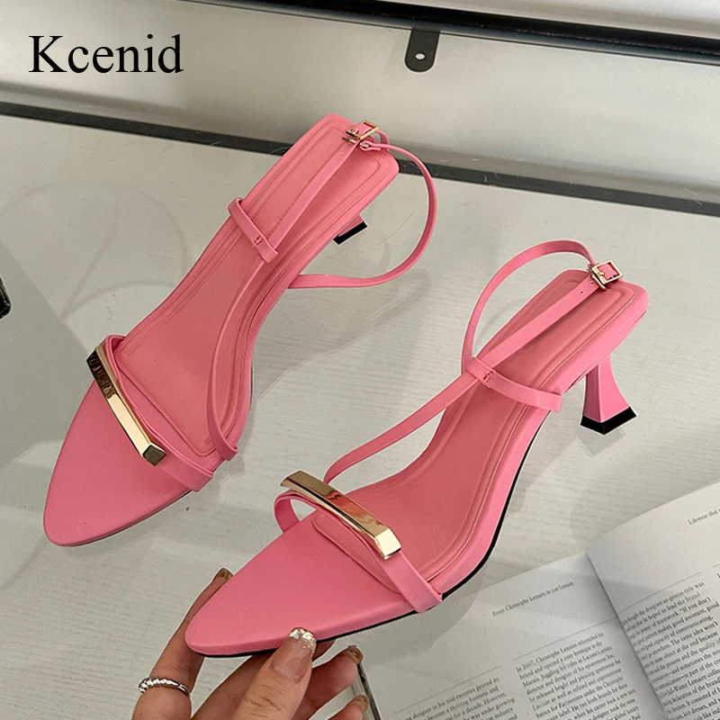 

Kcenid 2024 Summer Fashion Metal Decoration Pointed Toe Sandals Buckle Strap Thin Low Heels Casual Shoes Women Open Toe Sandals