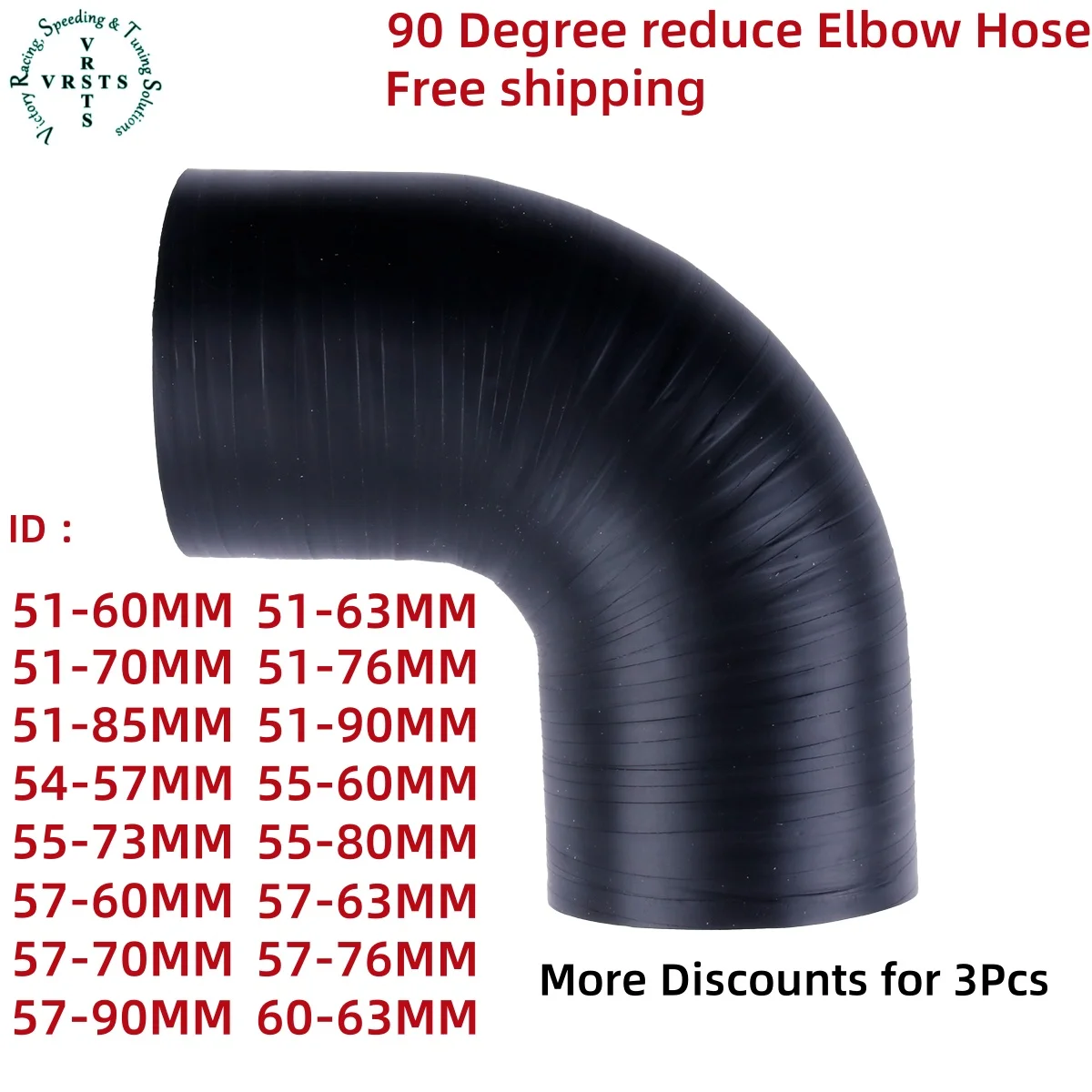 3PLY 102mm Length 90 Degree reduce Elbow Silicone Coolant Intercooler Hose Connection Tube ID 51 54 55 57 60 63 70 73 76 85 90MM