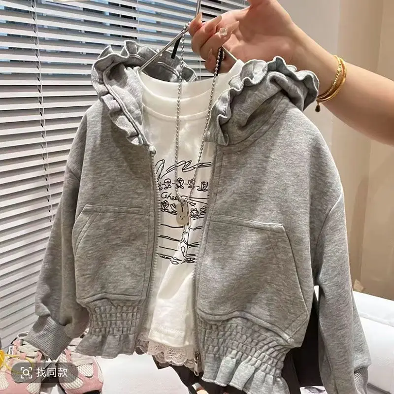 

Spring and Autumn Children's Hooded Coat Fashion New Style Girls' Casual Zipper Hooded Hoodie Waist Jacket