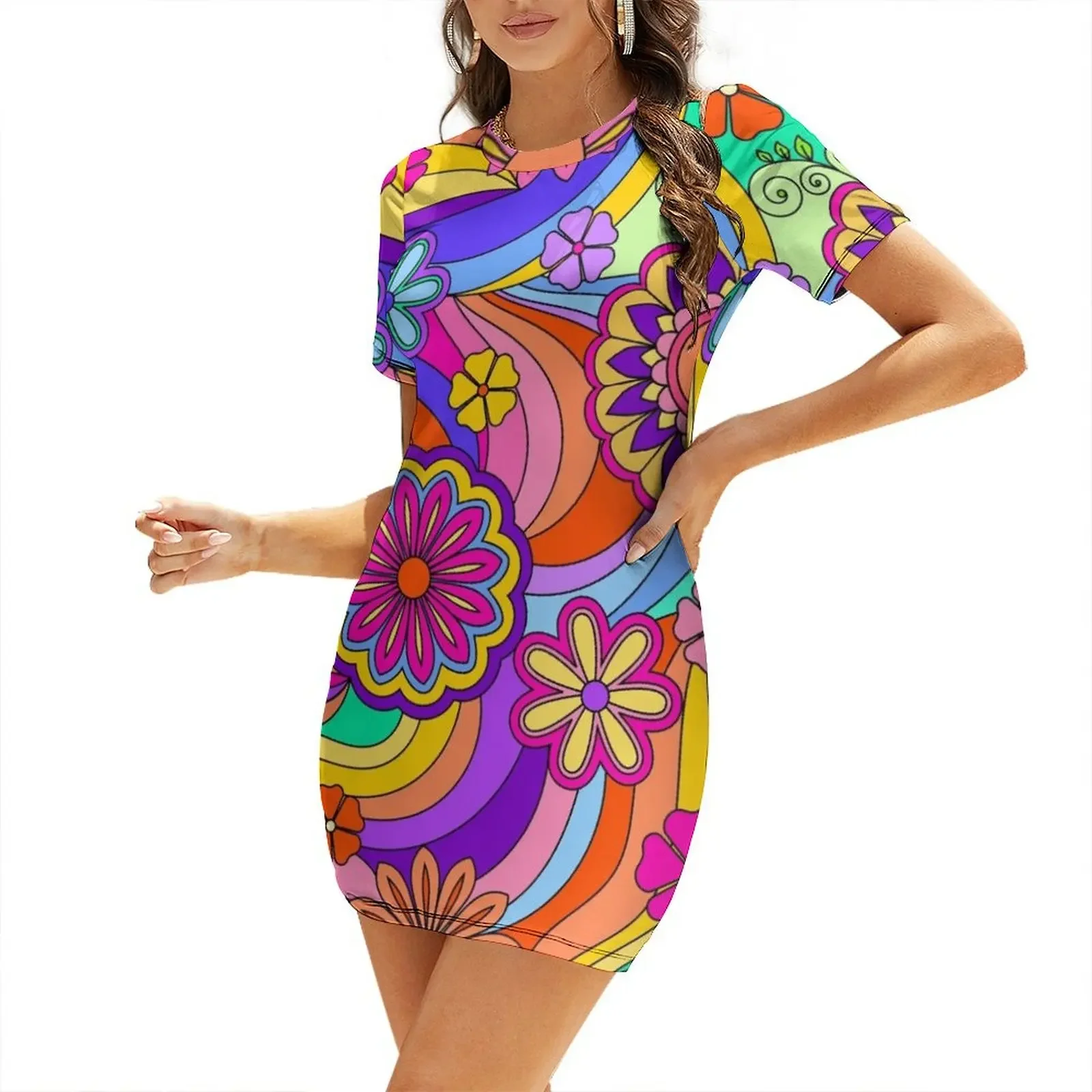 

Groovy Psychedelic Flower Power Short-Sleeved Dress dresses with long sleeves Dress
