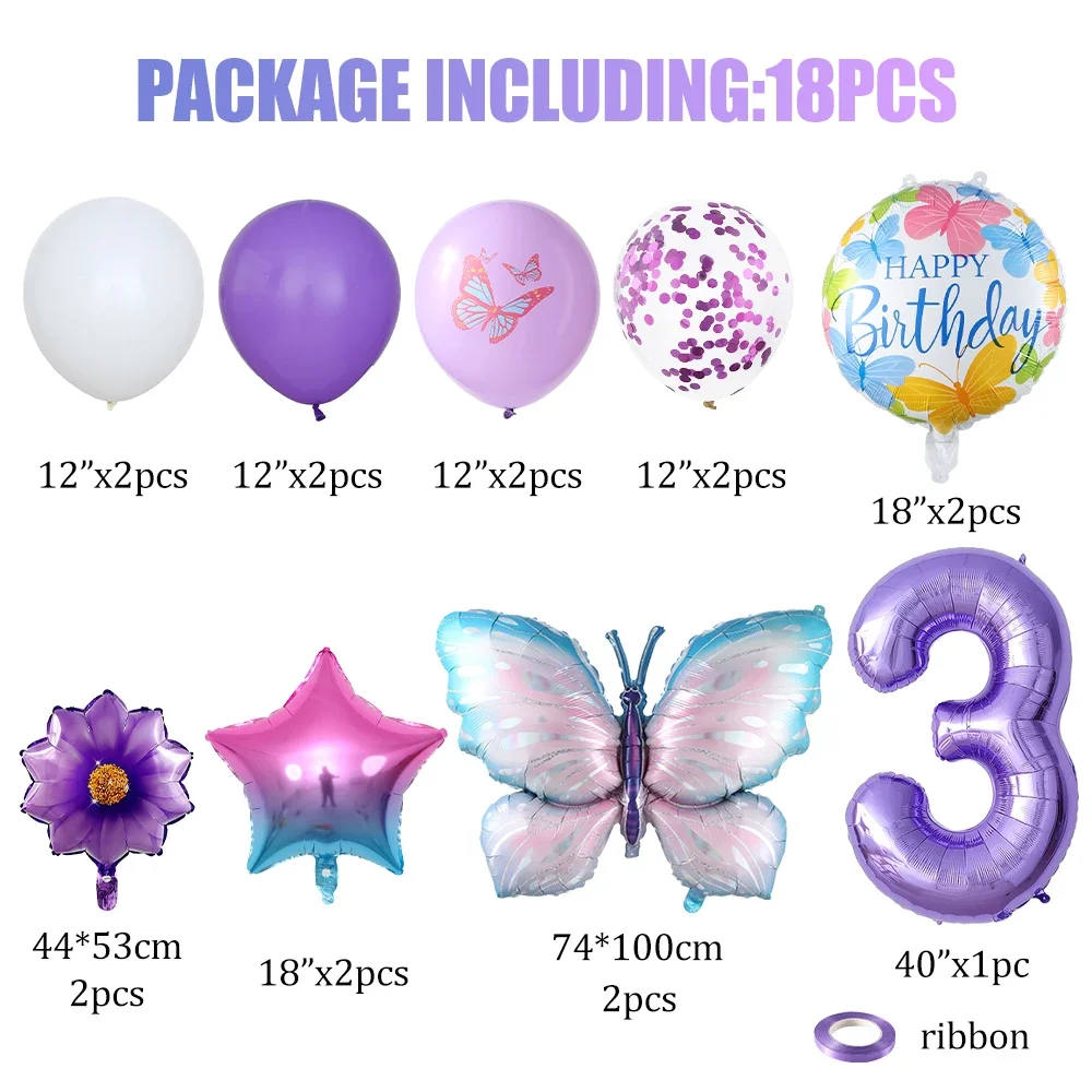 18pcs Butterfly 40inch Number Foil Balloons Set Purple Sunflower Baby Shower Decor Helium Ballon Birthday Party Wedding Globos