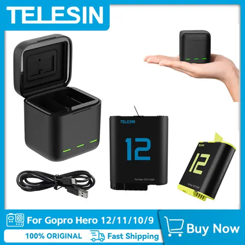 TELESIN Battery For GoPro Hero12 10 11 9 1750 mAh Battery 3 Ways Fast Charger Box TF Card Storage For GoPro 9 10 11 Accessories