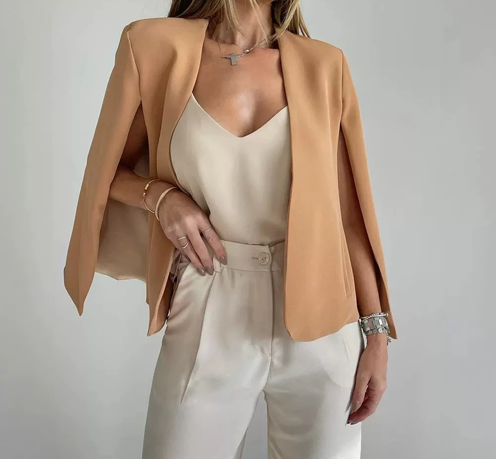 Elegancka marynarka damska Streetwear Fashion 2024 Jesień Zima Casual Cape Sleeve Open Front Solid Suit Coat with Shoulder Female