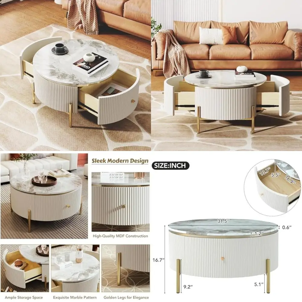 

Современный журнальный столик с мраморным рисунком и двумя большими ящиками для элегантного хранения в гостиной.