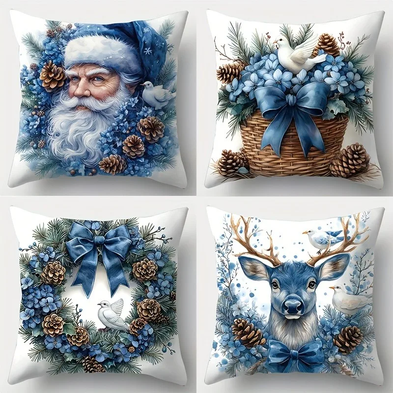 Festive Christmas Pillowcase Santa Claus and Flower Basket Pattern Living Room and Sofa Decorative Pillowcase