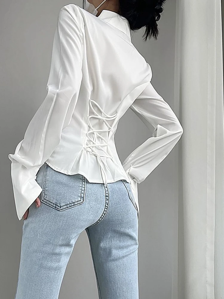 Elegant Slim Fit Shirts Women French Office Lady Bandage Long Sleeve Blouse Spring Chic Female Solid Simple Sweet Button Tops